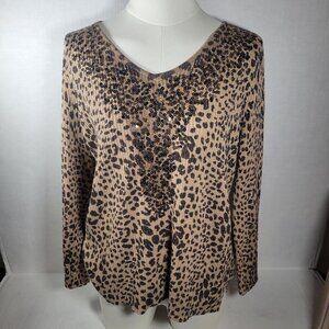 Chicos Leopard V-Neck Sequin Embellished Long Sleeve Sweater Womens Size 1 M/8